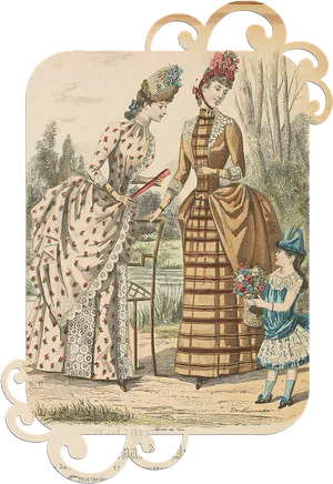 Victorian Womenand Child Fashion Illustration PNG Image