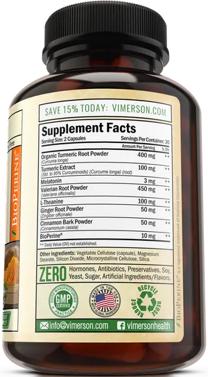 Vimerson Health Turmeric Supplement Bottle PNG Image