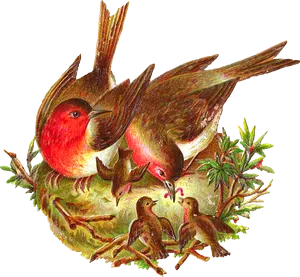 Vintage Birds Feeding Chicksin Nest PNG Image