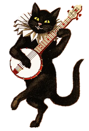 Vintage Black Cat Playing Banjo PNG Image