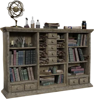 Vintage Bookshelfwith Antique Items PNG Image