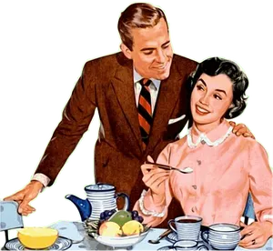 Vintage Couple Breakfast Illustration PNG Image