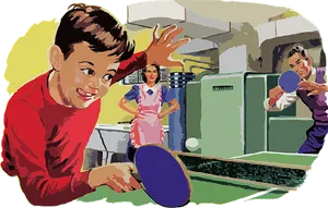 Vintage Family Playing Table Tennis PNG Image