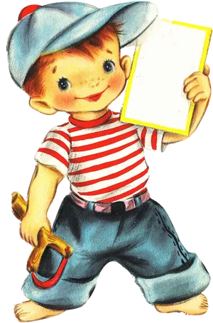 Vintage Toddler With Clipboardand Toy Hammer.png PNG Image