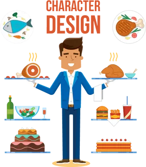 Waiter Character Designwith Food Items PNG Image