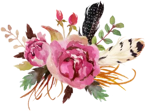 Watercolor Floral Arrangementwith Feathers PNG Image