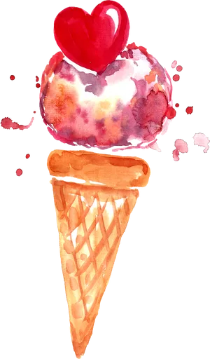 Watercolor Ice Cream Cone With Heart PNG Image