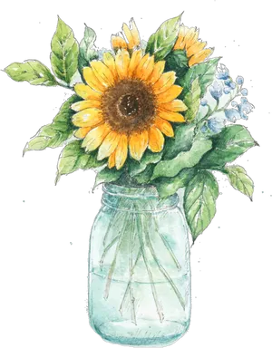 Watercolor Sunflowersin Mason Jar PNG Image