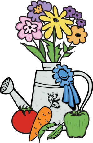 Watering Can Garden Vegetables Flowers PNG Image