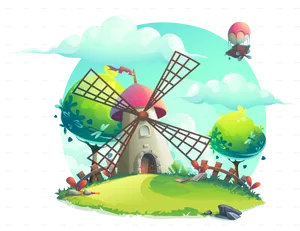 Whimsical Windmill Sky Scene PNG Image