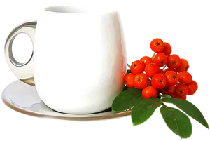 White Tea Cup With Rowan Berries PNG Image