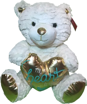 White Teddy Bear Golden Heart PNG Image