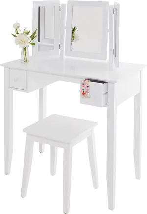 White Vanity Setwith Stooland Mirror PNG Image