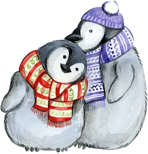 Winter Penguin Friends Watercolor PNG