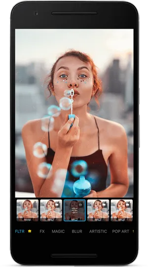 Woman Blowing Bubbles Smartphone Display PNG Image