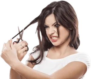 Woman Cutting Hair With Scissors PNG Image