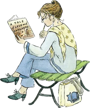 Woman Reading Book Park Bench Illustration PNG Image