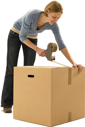 Woman Sealing Cardboard Box PNG Image