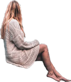 Woman Sittingin Knitted Sweater PNG Image