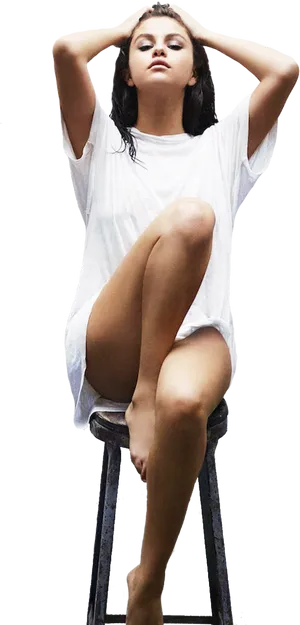 Woman Sittingon Stool White Shirt PNG Image