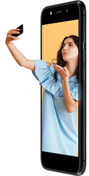 Woman Taking Selfie_ Blue Dress PNG Image