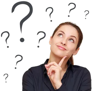 Woman Thinking Among Question Marks.png PNG Image