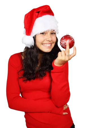 Womanin Christmas Santa Hat Holding Ornament PNG Image