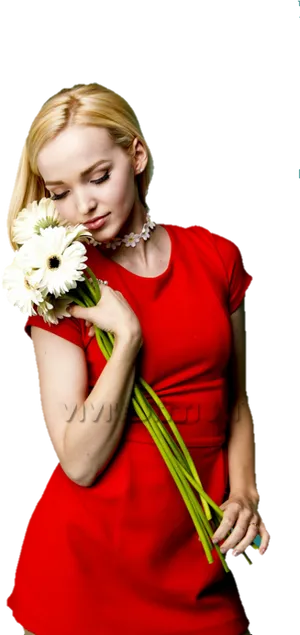 Womanin Red Dresswith White Flowers PNG Image