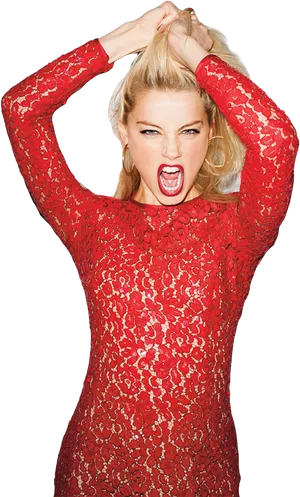 Womanin Red Lace Dress Expressive Pose PNG Image