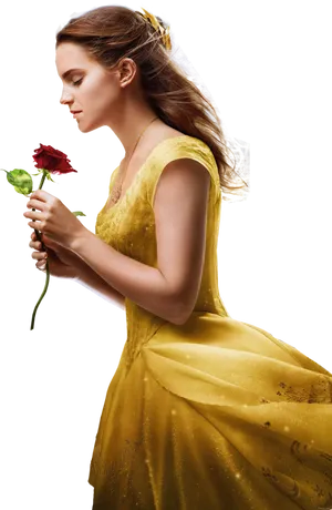 Womanin Yellow Dresswith Red Rose PNG Image