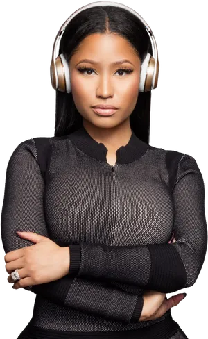 Womanwith Headphones Black Top PNG