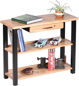 Wooden Bookshelfwith Decor Items PNG Image