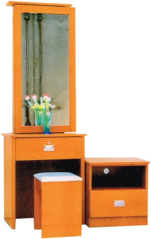 Wooden Dressing Table With Mirrorand Stool PNG Image