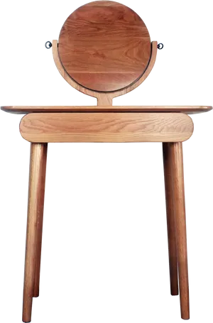 Wooden Dressing Table With Round Mirror PNG Image