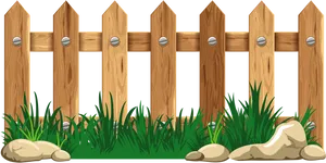 Wooden Fence Grass Stones Illustration PNG Image