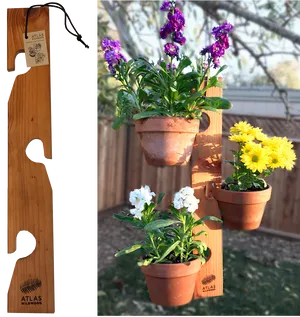 Wooden Plant Pot Hanger With Flowers PNG Image