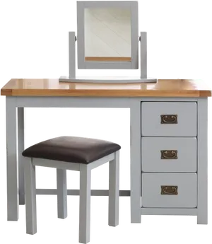 Wooden White Computer Deskwith Stooland Mirror PNG Image