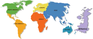 World Continents Color Coded Map PNG