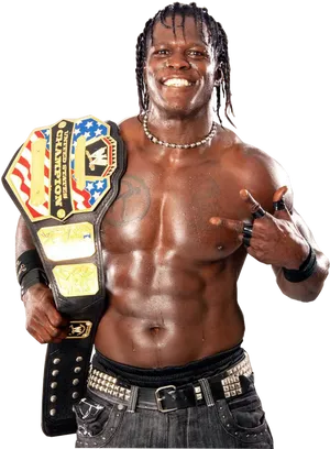 Wrestling Champion Posingwith Belt PNG Image