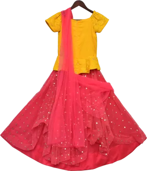 Yellow Blouse Red Lehengawith Dupatta PNG Image