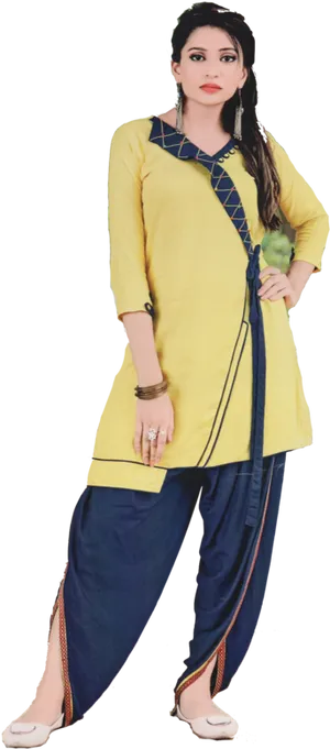 Yellow Blue Salwar Suit Model Pose PNG Image