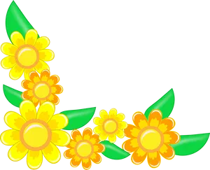 Yellow Flowers Green Leaves Black Background PNG Image