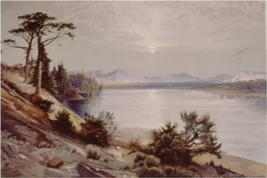 Yellowstone Lakeand Mountains Vintage Painting PNG Image