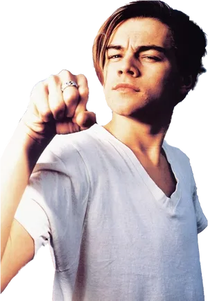 Young Actor Pointing Finger Casual Pose PNG Image