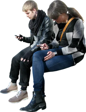 Young Adults Using Smartphones While Sitting PNG Image