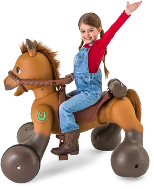 Young Girl Riding Toy Horse PNG Image