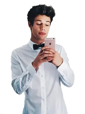 Young Manin Bow Tie Using Smartphone PNG Image