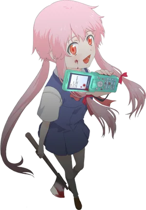 Yuno Gasai Anime Characterwith Phoneand Axe PNG Image