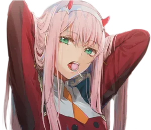 Zero Two Casual Pose With Lollipop PNG Image